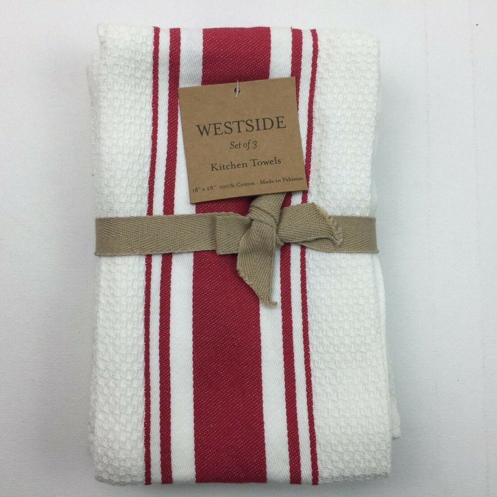 Westside Red White Set 3 Kitchen Towels 100% Cotton Striped